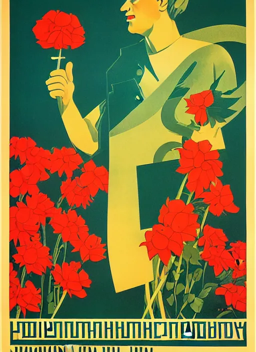 Prompt: soviet propaganda poster of phrase'tend to the flowers ', socialist realism. by alexander zelensky, viktor deni, havrylo pustoviyt