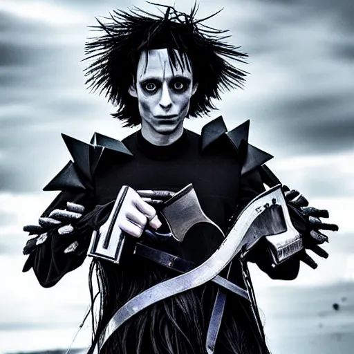 Image similar to first still taylor momson as edward scissorhands in edward scissorhands remake, ( eos 5 ds r, iso 1 0 0, f / 8, 1 / 1 2 5, 8 4 mm, postprocessed, crisp face, facial features )