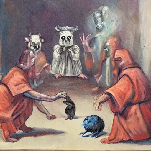 Image similar to a painting of a old demon cult worshipping a hamster