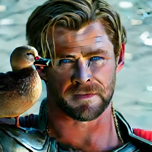 Image similar to chris hemsworth as thor holding a duck, highly detailed, realistic face, 4k, hd