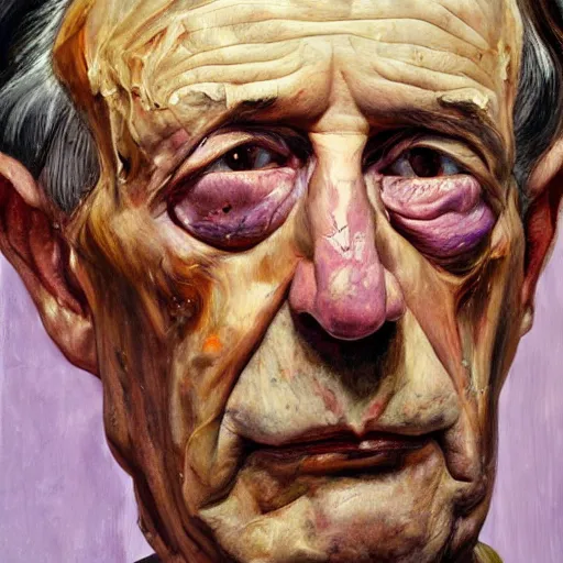 Image similar to high quality high detail painting by lucian freud, hd, old face with purple scars