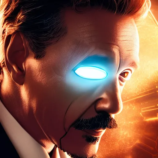 Image similar to albert einstein as tony stark in ironman, cinematic lighting, dramatic, octane render, long lens, shallow depth of field, bokeh, anamorphic lens flare, 8 k, hyper detailed, 3 5 mm film grain