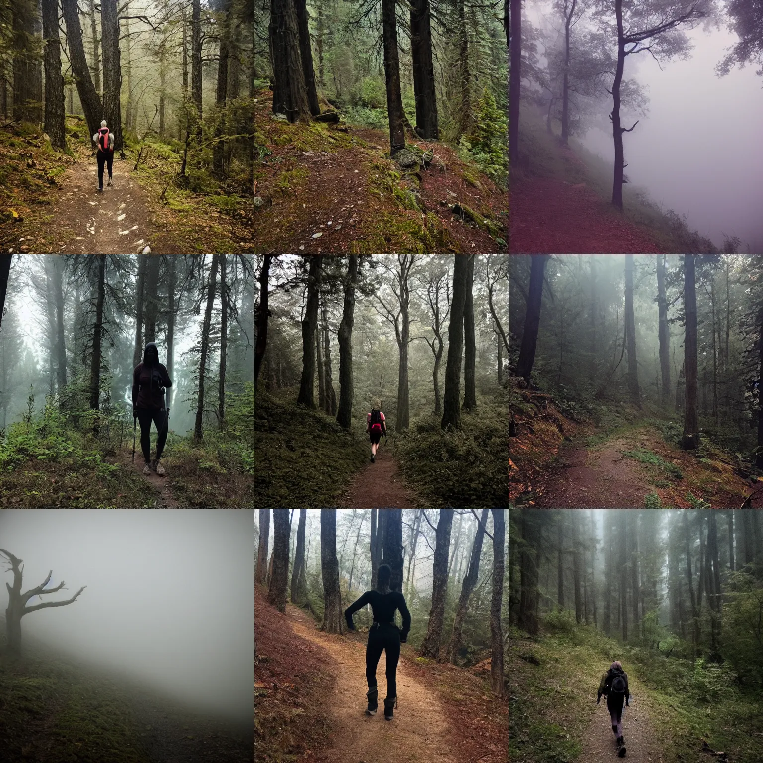 Prompt: last photograph missing misty hiking trail ominous spooky cryptid gaunt lunging at camera