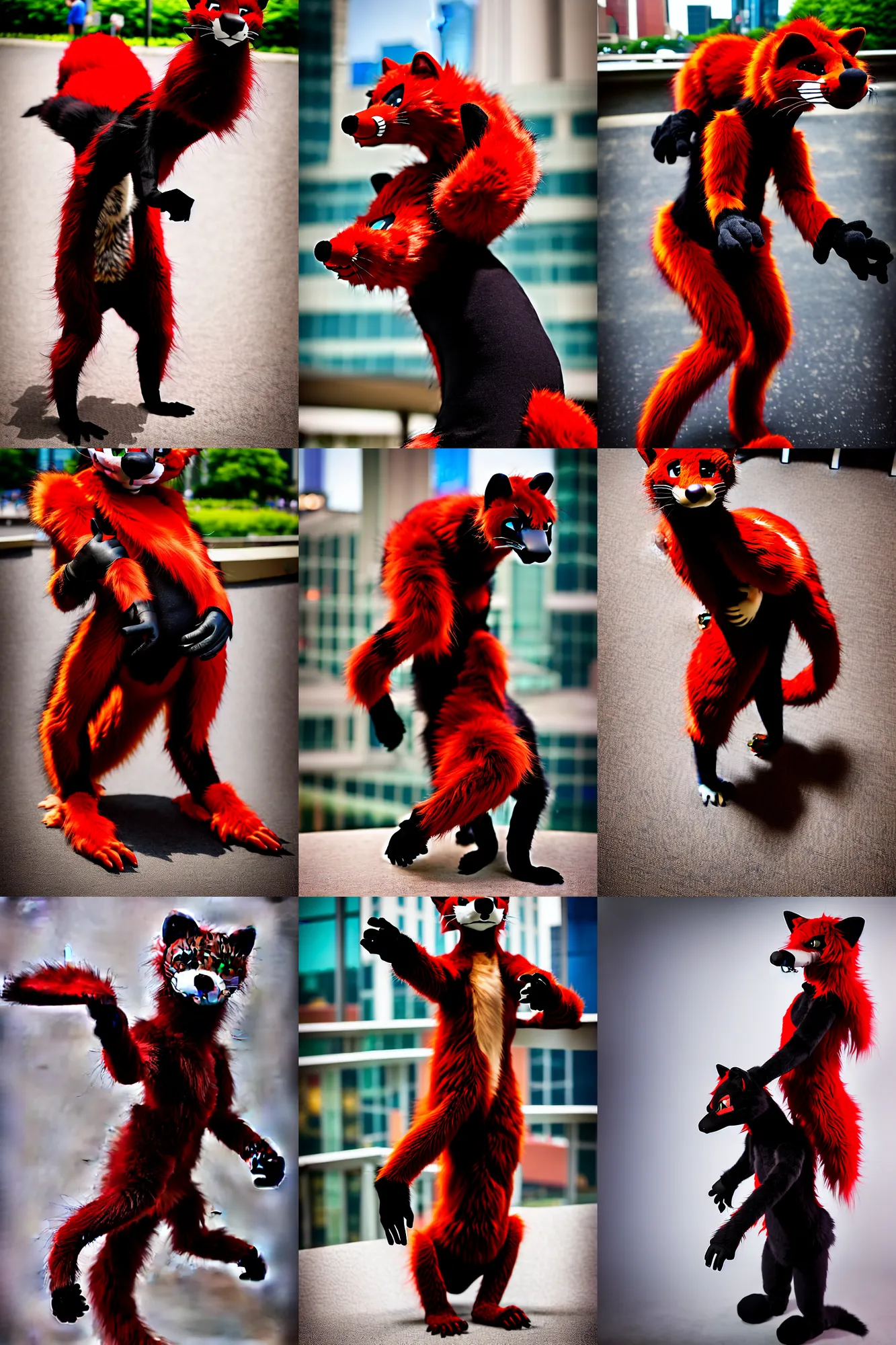 Prompt: fullbody photoshoot photo portrait of a roguish male red - black furred weasel furry toony fursuiter ( tail attached ), taken at anthrocon ( furry convention )