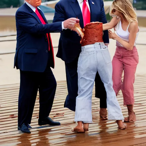 Prompt: donald trump hitting people with pudding, pudding stained clothes, golden hour, boardwalk