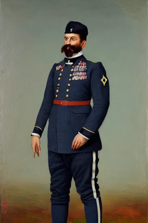Image similar to full body portrait of the dictator of the minnesota timberwolves, 1 8 8 9, in full military garb, midnight blue, aurora green, lake blue, moonlight grey, oil on canvas by william sidney mount, trending on artstation