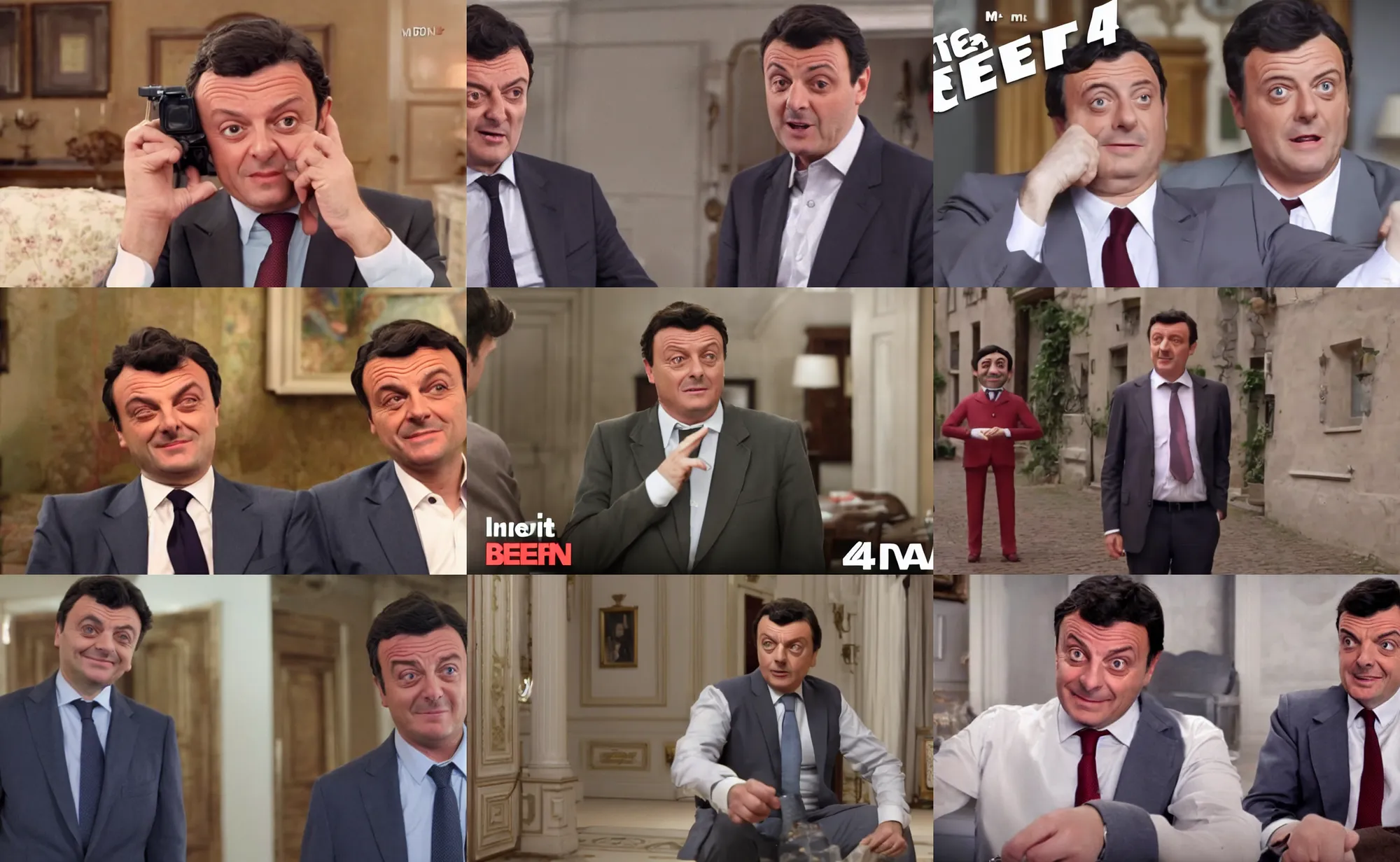 Prompt: Matteo Renzi as guest in a Mr Bean film. Shot. Very Funny. 4k. Cinematic. Color grade.