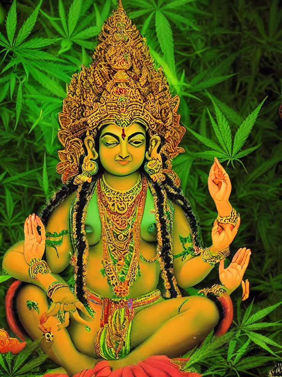 Prompt: hindu goddess in cannabis forest, film photo, grainy, high detail, high resolution,