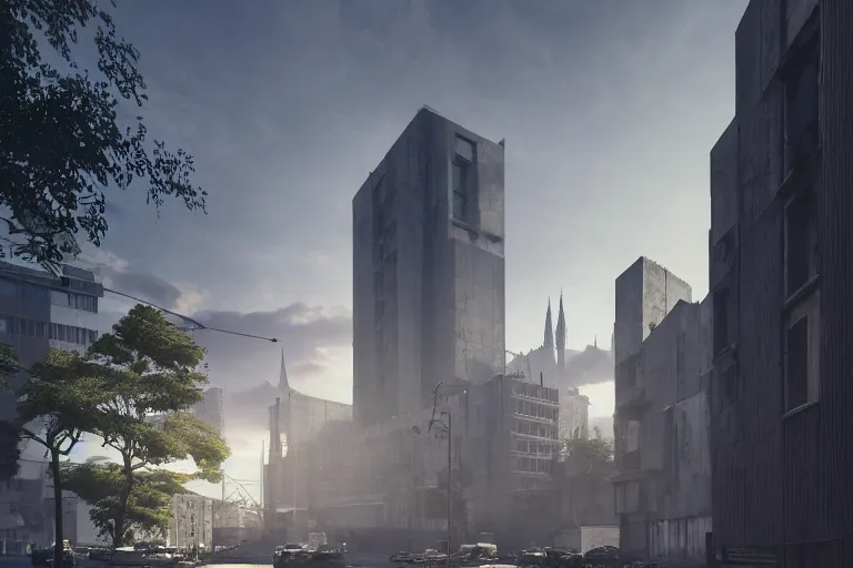 Image similar to streetscape, a towering cathedral of brutalist architecture, buildings covered with greebles, stunning volumetric light, sunset, metal, concrete and translucent material, stunning skies, majestic landscape, trending on Artstation, 8k, photorealistic, hyper detailed, unreal engine 5, IMAX quality, cinematic, epic lighting, in the style of Greg Rutkowski