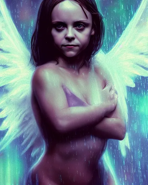 Image similar to Full body potrait of christina Ricci as an angel, hyper realistic, prismatic highlights, atmosphere, raining, gorgeous, depth of field, cinematic, macro, concept art, 50mm, artstation, wlop, elegant, epic, weta digital, focus, octane render, v-ray, 8k, kodak portra, art by Liberatore