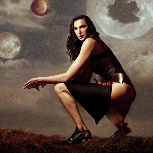 Image similar to Full body photo of the beautiful woman Gal Gadot as a female werewolf, she has a glow coming from her, she is getting ulluminated by the full moon, the photo was taking by Annie Leibovitz, matte painting, oil painting, naturalism, 4k, 8k