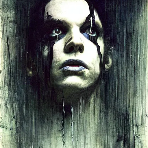 Image similar to gaunt ( the cure fan ) as dream from sandman, by jeremy mann, by cedric peyravernay, by ben templesmith, by dave mckean and richard avedon, dramatic lightning, sadness, closed eyes, dark eye sockets, in the shadows, black t - shirt, 1 9 8 0's, punk rock, gothic, high detailed, 8 k