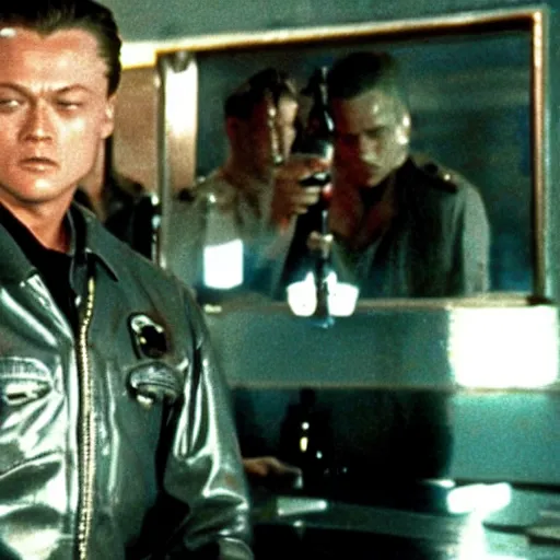 Prompt: film still of leonardo di caprio as t - 1 0 0 0 wearing a police uniform and passing through bars in mental hospital scene in terminator 2 1 9 9 1