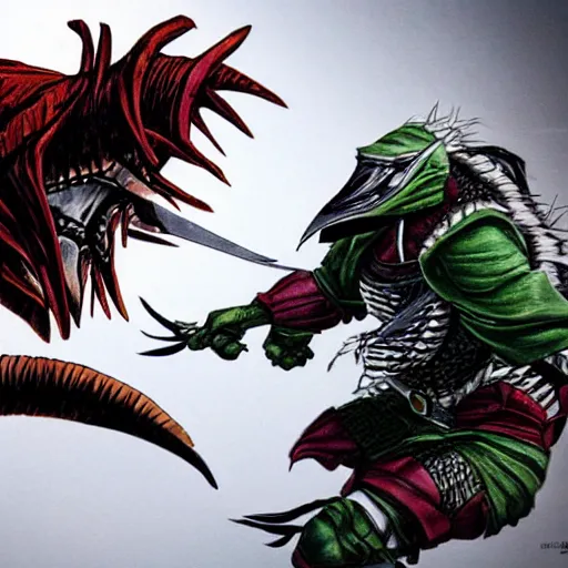 Prompt: shredder fighting the predator photorealistic