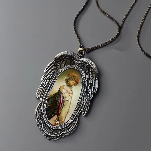 Image similar to hyperrealistic detailed necklace made like seraphim angel with cinematic sharp focus 8 k in style of alfons mucha as a necklace