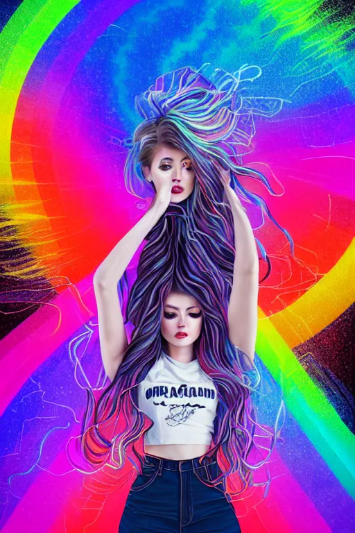 Image similar to a award winning half body portrait of a beautiful woman with stunning eyes in a croptop denim jacket and cargo pants with ombre rainbow hairstyle head in motion and hair flying while dancing by thomas danthony, surrounded by whirling illuminated lines, outrun, vaporware, shaded flat illustration, digital art, trending on artstation, highly detailed, fine detail, intricate