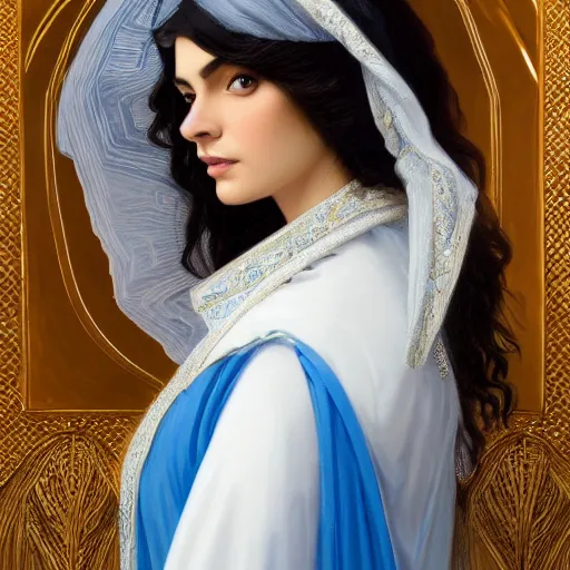 Prompt: portrait of ameera al taweel, bright blue eyes, long wavy black hair, white veil, front , highly detailed, digital painting, artstation, concept art, smooth, sharp focus, illustration, ArtStation, art by artgerm and greg rutkowski and alphonse mucha and J. C. Leyendecker and Edmund Blair Leighton