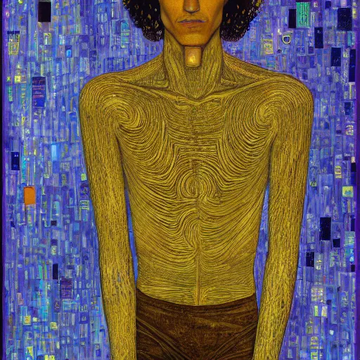 Prompt: a long shot portrait of tall, slender 20 year old man with golden scars, sci-fi, digital art, klimt, kintsugi, sharp-jaw, long brown hair, long-arms