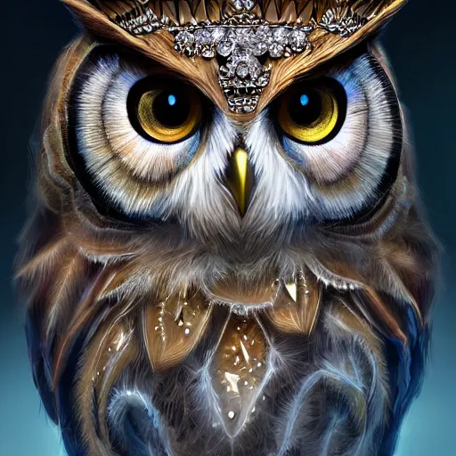 Image similar to detailed portrait of a magical owl, wearing a diamond crown, glowing feathers, digital art, realistic, dnd, character design, artstation