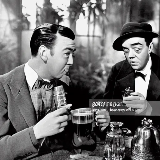 Prompt: The actor, James Stewart having cocktails with the actor, Peter Lorre, in the greenhouse, in the style of Fleischer Cartoons, 1920s, bad boys