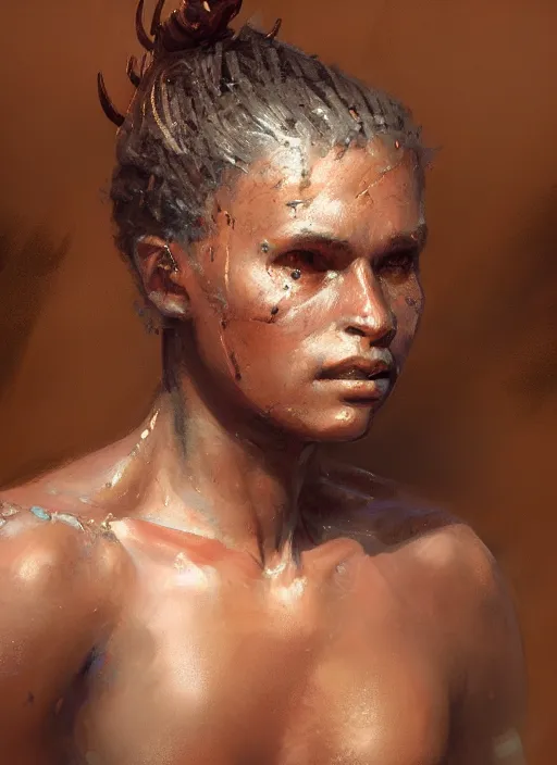 Image similar to A portrait of a warrior slave in the style of in the style of Greg Rutkowski, Charles Sillem Lidderdale, artstation, high quality art