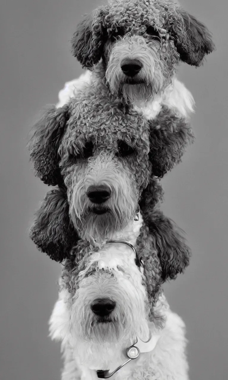 Prompt: ” a color photo of a labradoodle dressed as a female medical doctor, sigma 5 5 ”