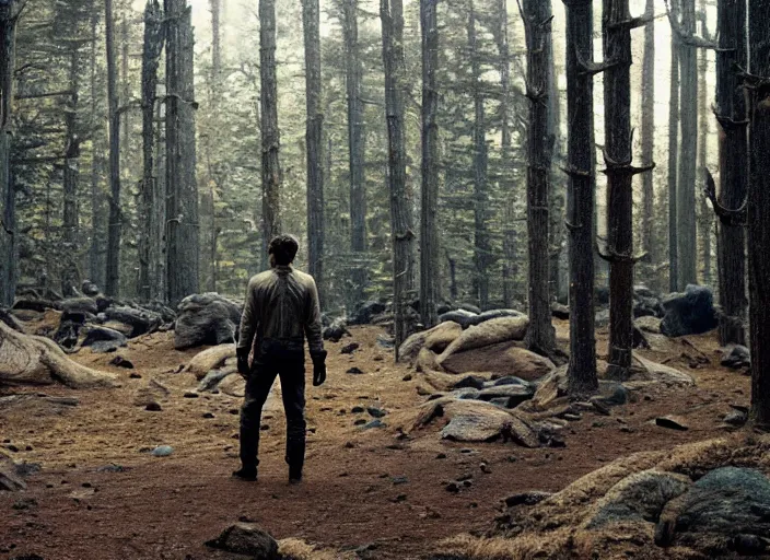 Prompt: first official image from paul thomas anderson's new space opera film starring pedro pascal on an alien forest planet. shot on alexa mini, stunning cinematography, filmgrain, kodak vision 2 0 0 t, shot composition