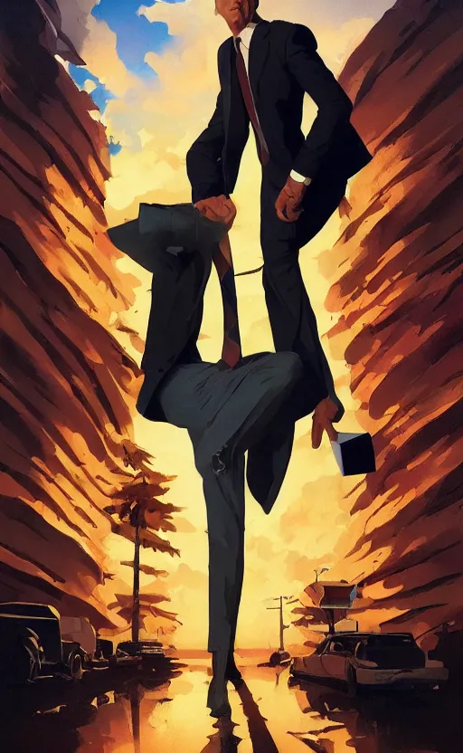 Prompt: saul goodman, poster of better call saul, perfect pose, vintage, matte painting, illustration,, by rhads, by greg rutkowski, by greg tocchini, by james gilleard, by joe fenton