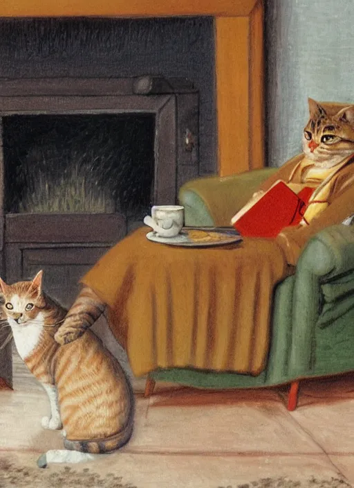 Image similar to A humanoid cat at home in a bathrobe and slippers with a cup of coffee next to the fireplace, Kenneth Grahame, 8k, hd