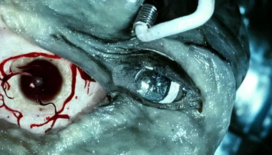 Image similar to Big budget horror movie about a cyborg doing an autopsy on a giant squid's eyeball