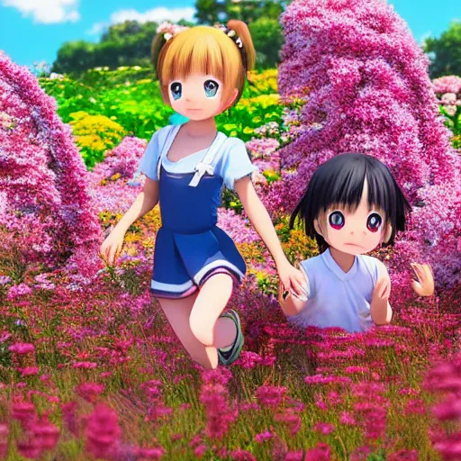 Prompt: Manga cover portrait of an extremely cute and adorable beautiful group of happy puppies running in a flower field, summer vibrance, 3d render diorama by Hayao Miyazaki, official Studio Ghibli still, color graflex macro photograph, Pixiv, DAZ Studio 3D