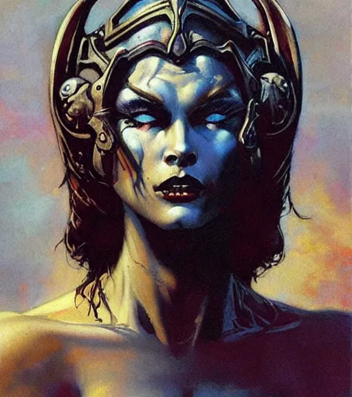 Prompt: portrait of strong female chaos angel, beautiful! coherent! by frank frazetta, by brom, strong line, deep color, spiked metal armor, maximalist