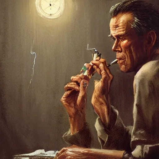 Image similar to a highly detailed epic cinematic concept art CG render digital painting artwork costume design: Henry Fonda as a 1950s tired disillusioned poet, barefoot, smoking a cigarette. volumetric lighting. By Greg Rutkowski, in the style of Francis Bacon and Syd Mead and Norman Rockwell and Beksinski, open ceiling, highly detailed, painted by Francis Bacon and Edward Hopper, painted by James Gilleard, surrealism, airbrush, Ilya Kuvshinov, WLOP, Stanley Artgerm, very coherent, triadic color scheme, realistic facial expression, art by Takato Yamamoto and James Jean