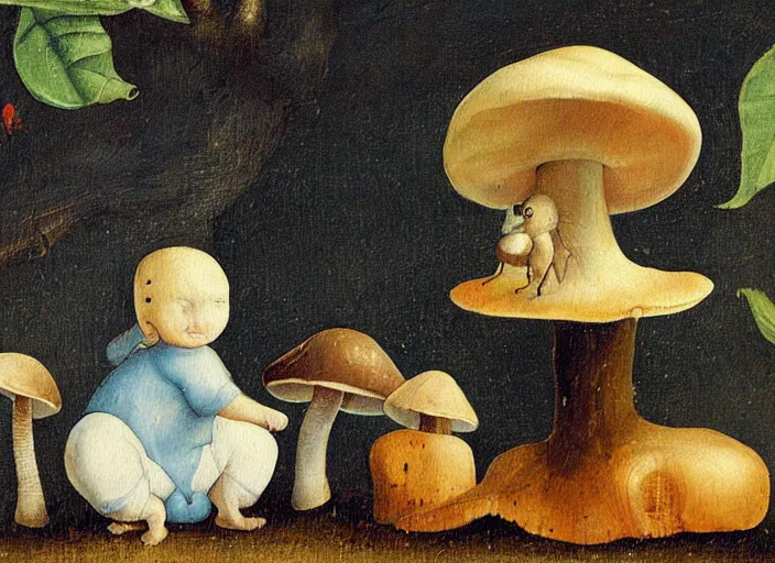 Image similar to a painting of a cute creature sitting next to a mushroom, detailed, realistic, in style of hieronymus bosch