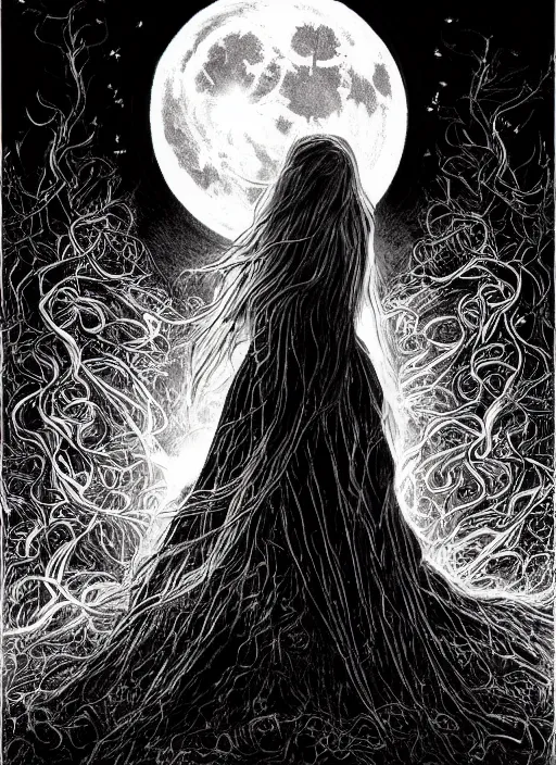 Prompt: portrait, A Witch from behind with long hair levitating in front of the full big moon, book cover, red white and black colors, establishing shot, extremly high detail, foto realistic, cinematic lighting, pen and ink, intricate line drawings, by Yoshitaka Amano, Ruan Jia, Kentaro Miura, Artgerm, post processed, concept art, artstation, matte painting, style by eddie mendoza, raphael lacoste, alex ross