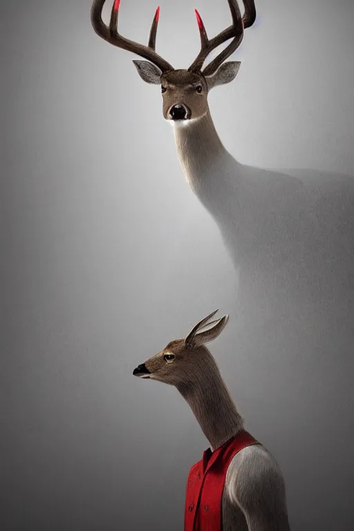 Image similar to a deer wearing a white formal coat conversing with a crow wearing a red formal coat, hyperrealistic, concept art, octane render, unreal engine 5, trending on DeviantArt, highly detailed, high quality, 8K, soft lighting, cute, natural lighting, realistic face, trending on Artstation, elegant clothes, profile picture, path traced, house background