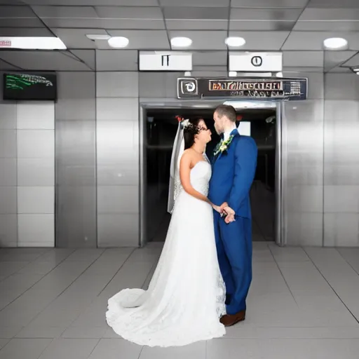 Prompt: a bride and groom hold each other inside a dirty airport bathroom, wedding photo