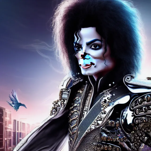 Image similar to beautiful!! futuristic cyberpunk michael jackson angel warrior with ornate slick pearl armor, highly detailed 8 k hdr smooth sharp focus high resolution award - winning photo photorealistic