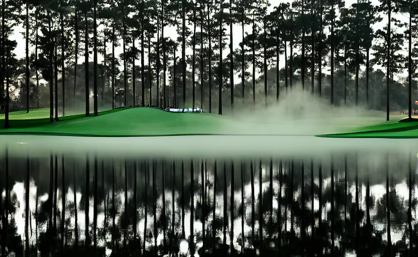 Prompt: augusta national, the masters, nr. 1 2, completely flooded, beautiful ambient light, stunning photography, fog, light rays