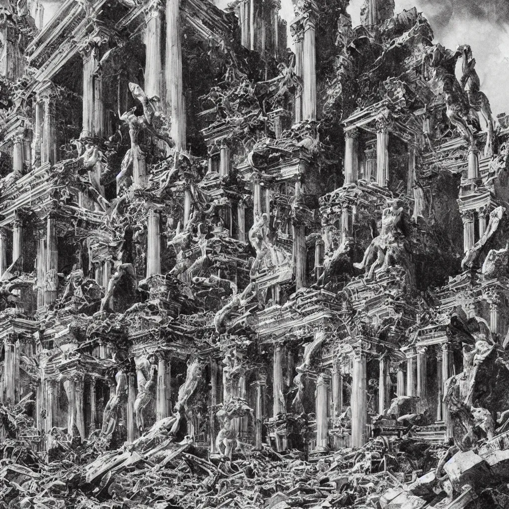 Prompt: extremely detailed illustration by bernie wrightson of a destroyed panteon with 7 statues of extint forgotten gods