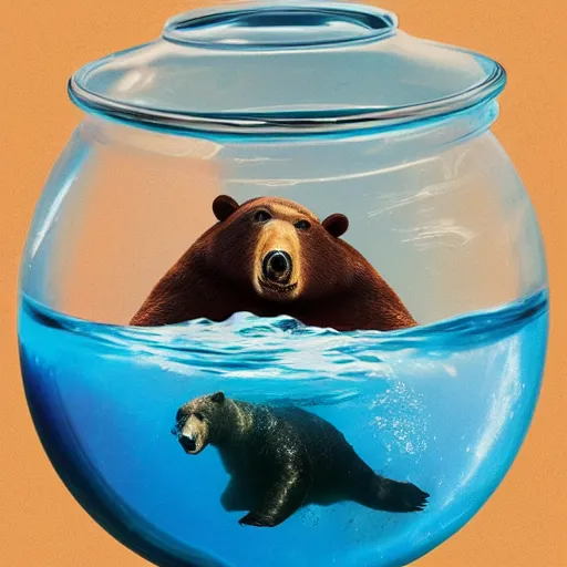 Image similar to a swimming bear inside of a fish bowl