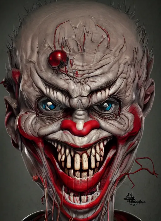 Image similar to evil horror clown, monster anatomy, ross tran, vivid colors, anatomical, highly detailed sculpture, intricate detailed, ommatidia, 8 k, cinematic atmosphere, post - processing