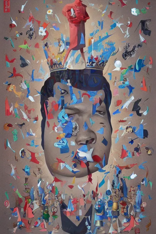 Image similar to a painting of magnus carlsen as king of chess, a surrealist painting by james jean, trending on cgsociety, pop surrealism, androgynous, grotesque, angular