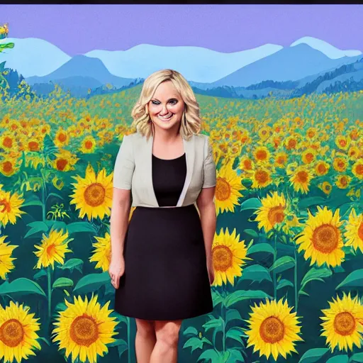 Prompt: a mural of Amy poehler as Leslie knope in a meadow of beautiful sunflowers —width 480 —height 270