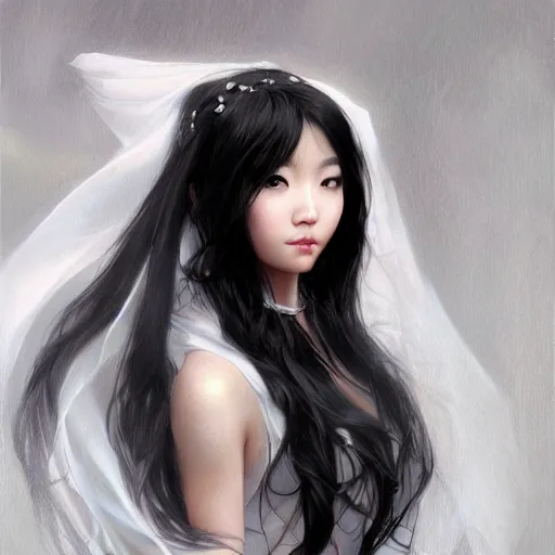 Prompt: Asian girl, watery black eyes, long wavy black hair, white veil, front closeup, highly detailed, centered, oil painting, artstation, concept art by Artgerm