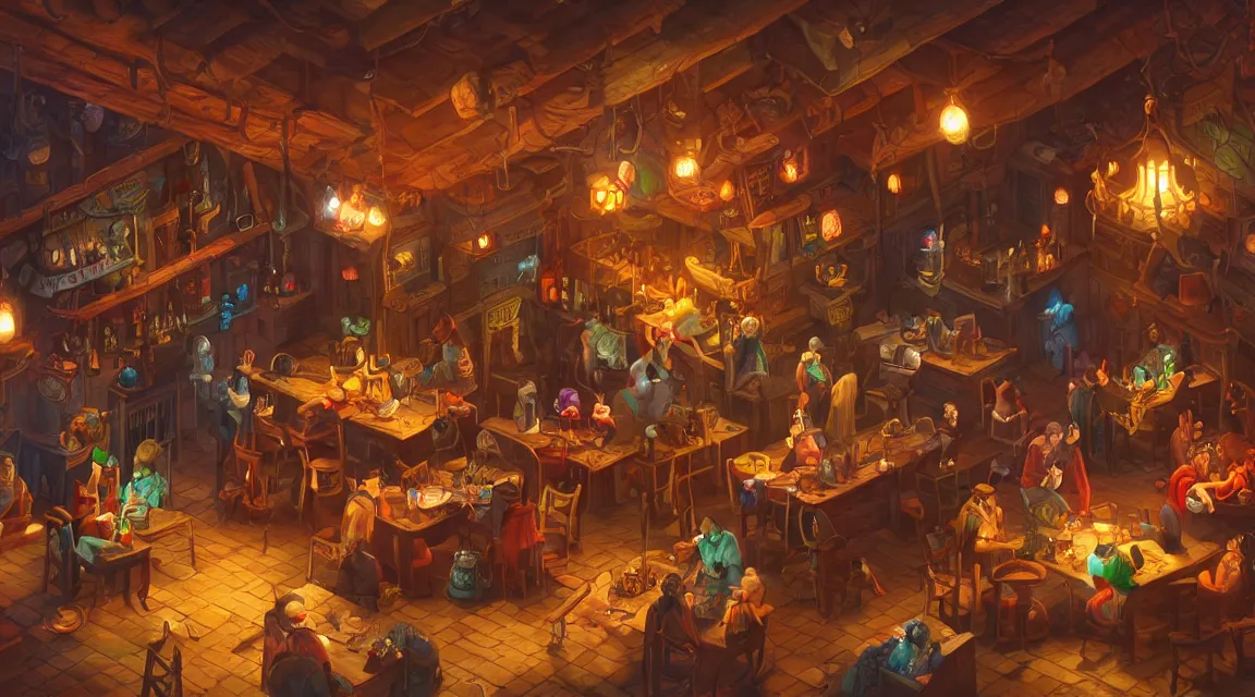 Image similar to A multidimensional cozy tavern, screenshot from hidden object game, cinematic lighting, epic composition, cartoon, animation, background art, post processing, 8K resolution