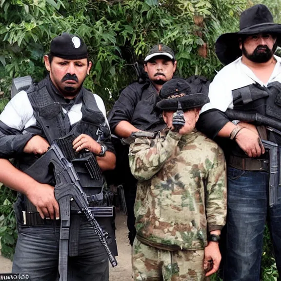 Image similar to the fearsome og shadow, mexican cartel leader, with his heavily armed men, award - winning photography