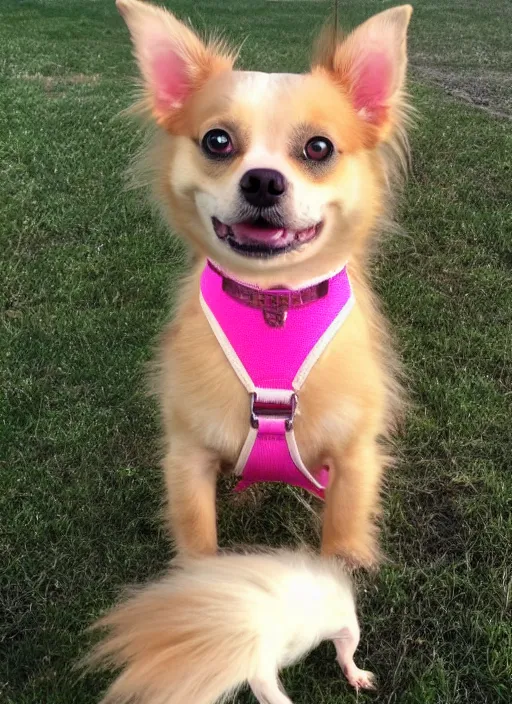 Image similar to fully grown tan pit bull, long - haired chihuahua, pomeranian mix, wearing a pink harness