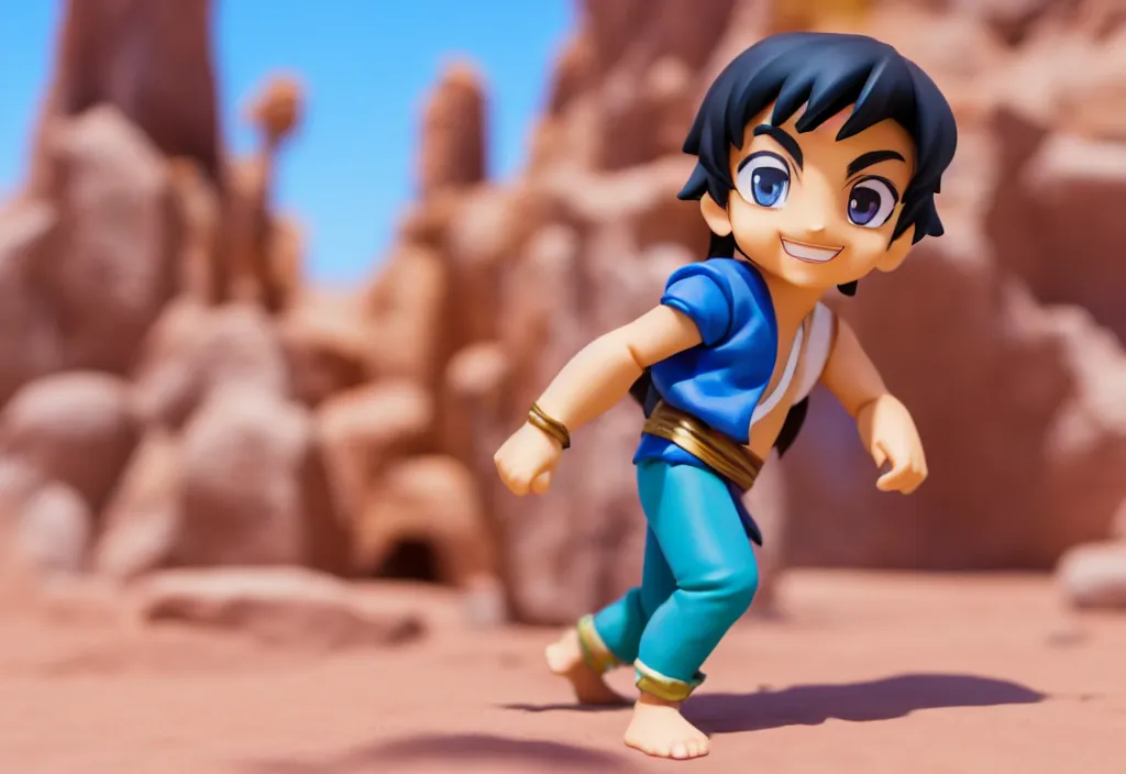 Image similar to side view of young aladdin as nendoroid running in desert village, 8 k hd dof, kodak film,