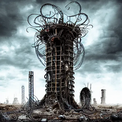 Image similar to giant evil bio-organic fleshy complex machine tower with tendrils and one eyeball at the top looking over a stormy post-apocalyptic wasteland, dystopian art